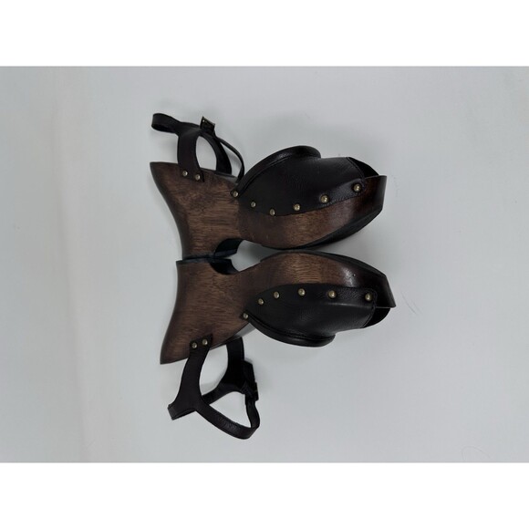 Mia Womens 9 Studed Clogs Sandals Black Leather Wood Heel Peep Toe - Picture 7 of 10